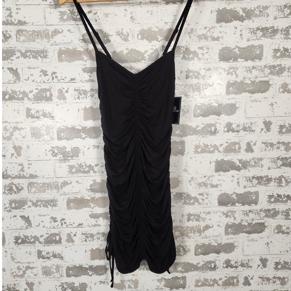 Volcom‎ Le Doja Chat Dress Small Black Ruched Bodycon Mini Spaghetti      Strap - Picture 1 of 16